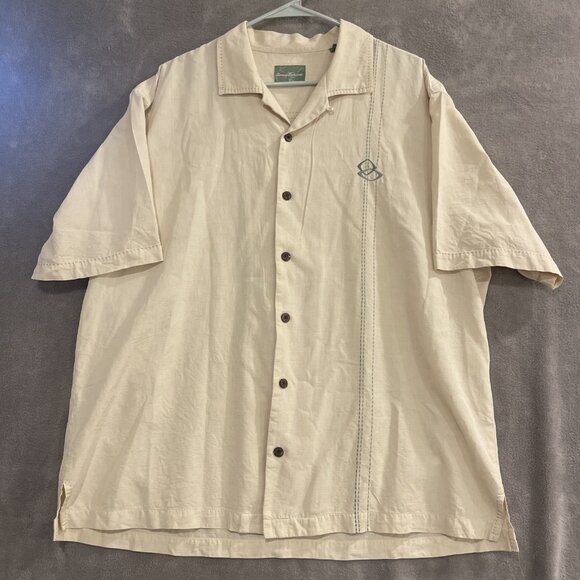Tommy Bahama Silk Shirt Embroidered Size XXL Tan Button Up‎ BowlingG1
